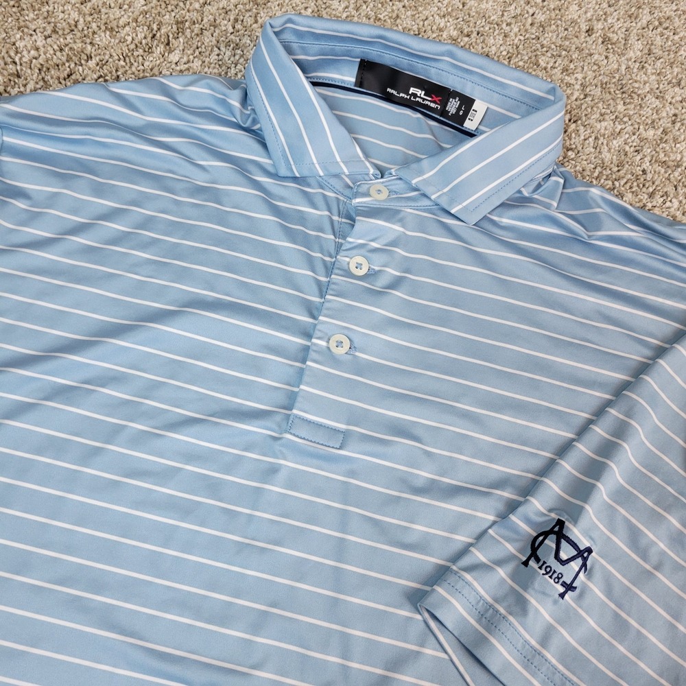 Ralph Lauren RLX Mens Large Blue White Striped‎ Performance Stretch Golf Polo SS